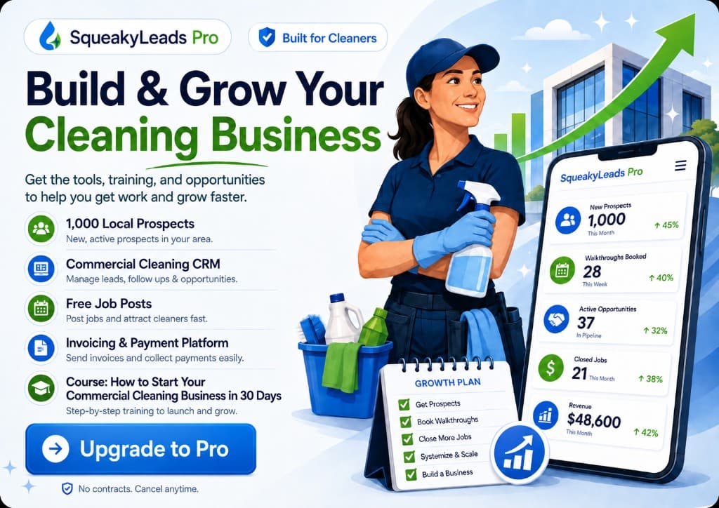 SqueakyLeads Pro — Build and grow your cleaning business with 1,000 local prospects, a commercial cleaning CRM, free job posts, invoicing and payments, and a 30-day startup course