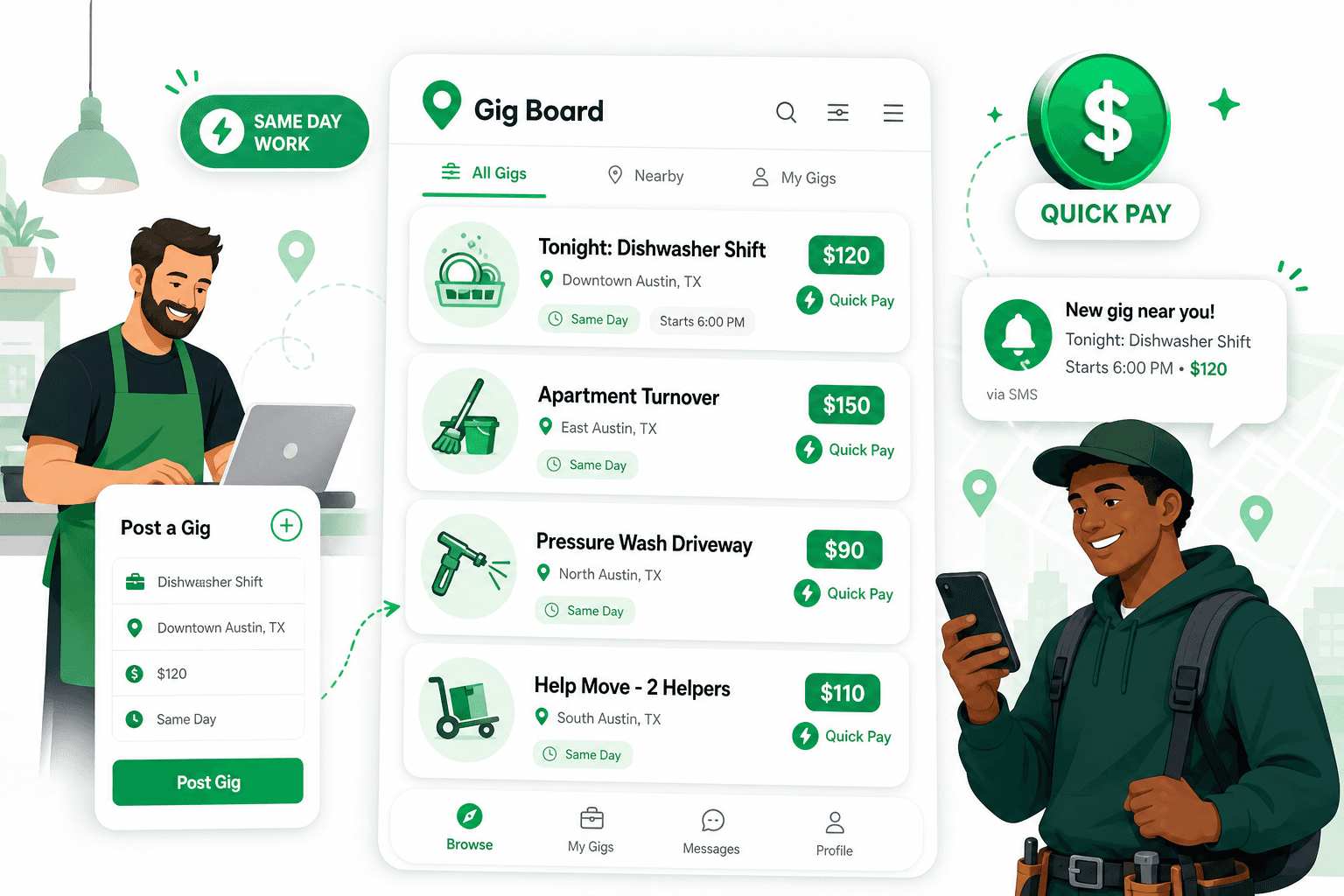 SqueakyLeads Gig Board interface showing local gig cards, same-day work tags, quick pay badges, and a worker getting an SMS notification